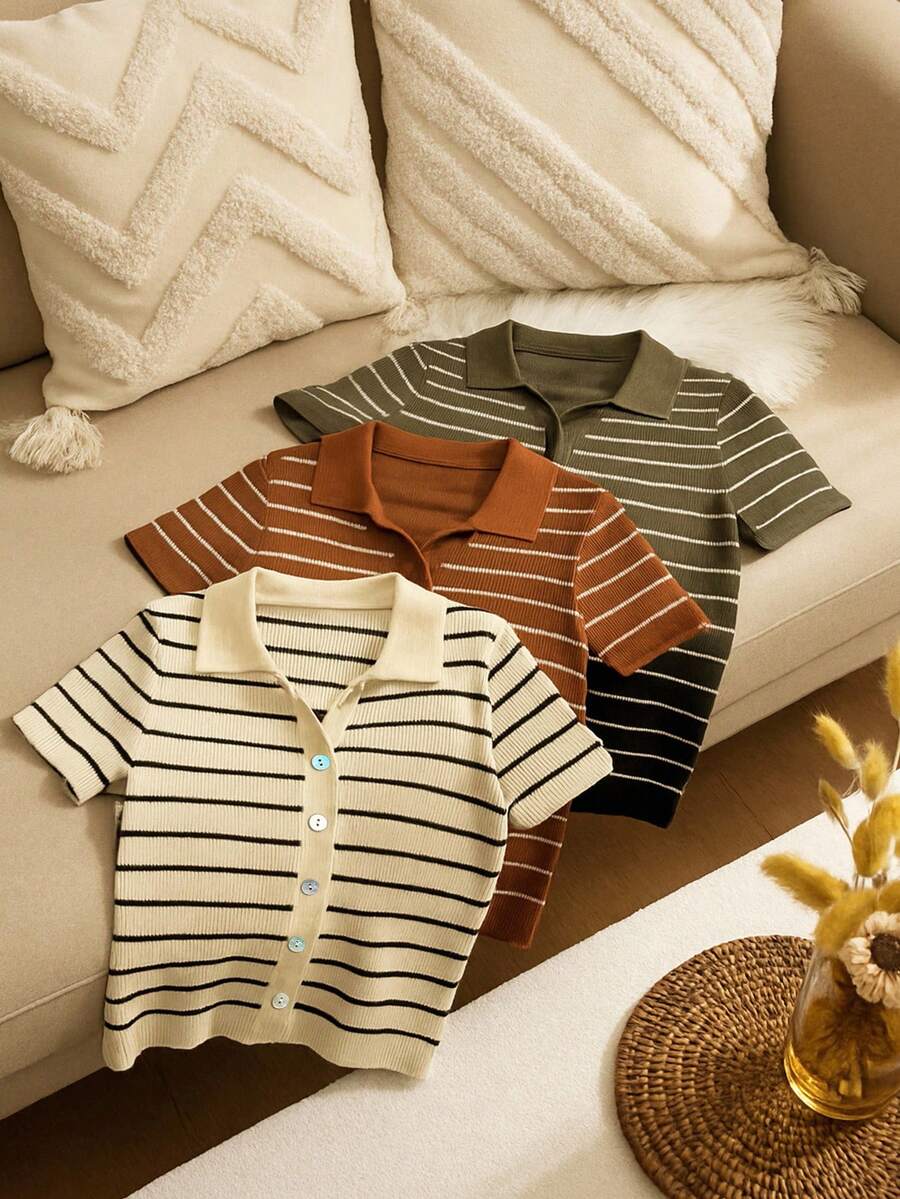 BizChic Áo len dệt kim tay ngắn cổ bẻ kẻ sọc thanh lịch lãng mạn dành cho nữ, đa năng cho trang phục công sở thường ngày, đi làm hàng ngày, trang phục công sở - màu nâu - Xem 1