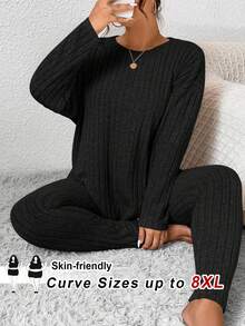 SHEIN CURVE+ Bộ 2 món/Bộ đồ thể thao phong cách Pháp cỡ lớn cho nữ trở lại trường, quần legging họa tiết tối giản và áo dài tay/Mùa thu/Mùa đông - màu đen - Xem 7