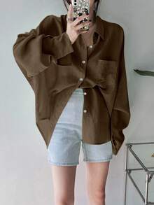 女士纯色常规翻领超宽松衬衫、长袖上衣、秋装 - 棕色 - 查看 4