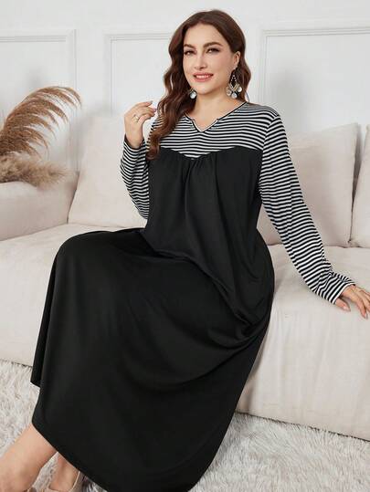 SHEIN Lacomfia 优雅休闲针织条纹拼接长款简约日常穿搭和校服，加大码