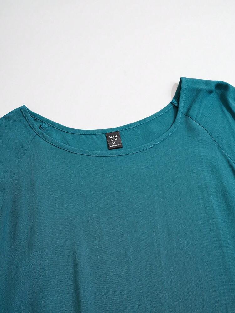 EMERY ROSE 2pcs Plus Size Set: Solid Color Round Neck Ruffle Hem Top And Elastic Waist Long Pants,Summer Outfits For Women - Teal Blue - View 4