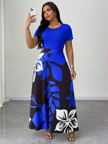 Maweii Plus Size Floral Print Patchwork Dress - Blue - View 4