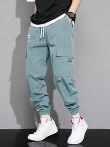 Claim Dot Loose Fit Men's Cartoon Printed Flap Pocket Cargo Pants - Baby Blue - View 5