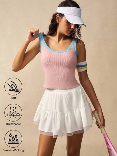 VARSIVA Workout Women Tops Women's Contrast Trim Round Neck Sleeveless Ribbed Casual Versatile Summer Sports Tank Top Sports Women Bra