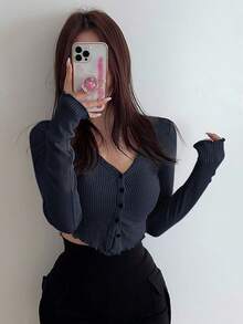 DAZY Women's Solid Color Cropped Button-Up Long Sleeve T-Shirt,Fall Clothes - Navy Blue - View 1