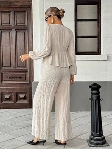 Chiquease 2pcs/Set Women's French Style Textured Tie-Up Wide Leg Outfit - Apricot - View 2