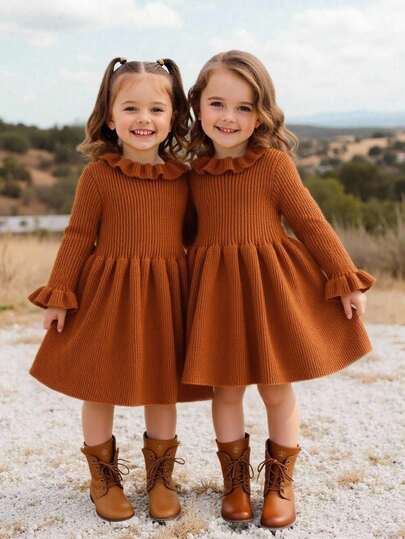 Emery Rose Kids Emery Rose Kids Babygirl 纯色针织长袖连衣裙，秋冬