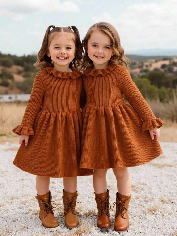 Emery Rose Kids Emery Rose Kids Babygirl Solid Color Knitted Long Sleeve Dress, Autumn/Winter Fall - Rust Brown - View 11