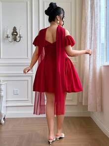 Roveilla Váy ngắn hở vai lãng mạn thanh lịch cỡ lớn dành cho nữ có dây thắt lưng, váy Giáng sinh ngắn xếp nếp, váy ôm eo, váy đỏ gợi cảm, váy sinh nhật, váy lãng mạn, váy dự tiệc - Đỏ - Xem 2