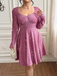 Flirla Plus Size Women's Elegant Lace & Metallic Thread Long Sleeve Party Dress Party Gathering Dance Date Dinner Party Banquet - Dusty Pink - View 5