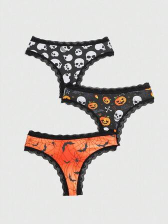 3 pièces/set Culotte avec dentelle gothique d'Halloween motifs araignée, chauve-souris, crâne, citrouille, étoile, lune
