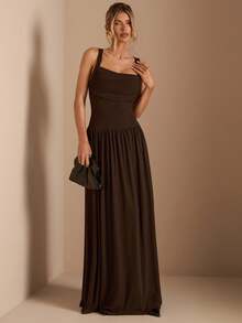 SHEIN BAE 优雅女士纯棕色连衣裙，大翻领设计，裙摆呈A字形，适合秋冬季日常穿着、派对、活动、约会等场合。 - 棕色 - 查看 4