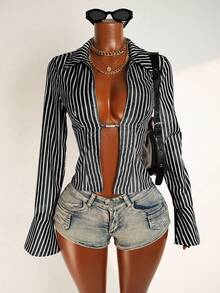 Mistrie Women's Striped Long Sleeve Slit Design Sexy Fashion Blouse - Black and White - View 1