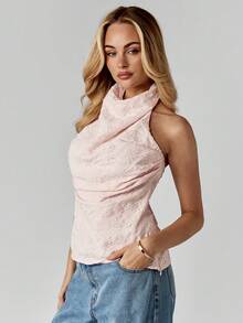 MISSGUIDED Halter Neck High Neck Lace Top For Evening Party Occasions With Cowl Draping - Pink - View 5