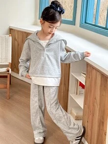 Genkimix Kids Set de 2 piezas: Sudadera con decoración de cuello marinero y bloques de color + Pantalones rectos lisos informales - Gris - Ver 6