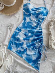 Soleia Vacation Casual Halter Tie Drawstring Asymmetrical Hem Tie-Dye Bodycon Dress - Blue and White - View 5