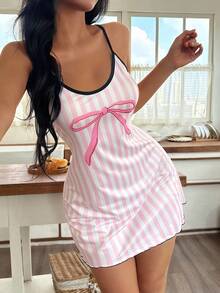 Pink & White Striped Bow Print Women's Camisole Nightgown Sleepwear Dress Babydoll Sleep Dress Lingerie Sleepwear Cute Sleepwear Sleep Dress - Multicolor - View 5