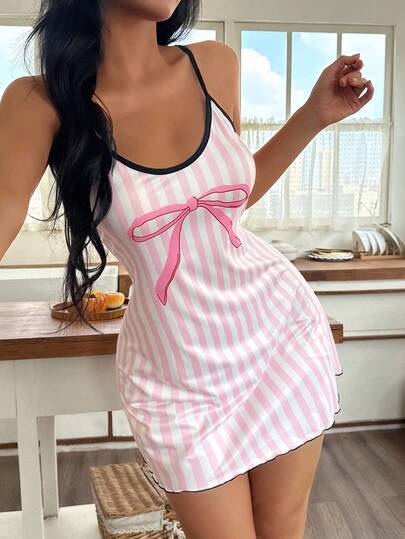 ZzzCrew Roze Wit Gestreepte Bow Print Camisole Nightgown Sleepwear Dress Babydoll Sleep Lingerie Schattige view 5
