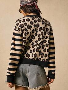 Easelle 女式复古游牧豹纹和条纹拼布开衫，秋冬女式开衫毛衣动物印花开衫条纹开衫短款开衫女式豹纹开衫，秋季，豹纹上衣 - 黑色 - 查看 2