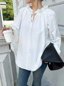 K-Vae 女士秋冬白色荷叶边宽松衬衫，韩版风格，万圣节服装，别致秋季