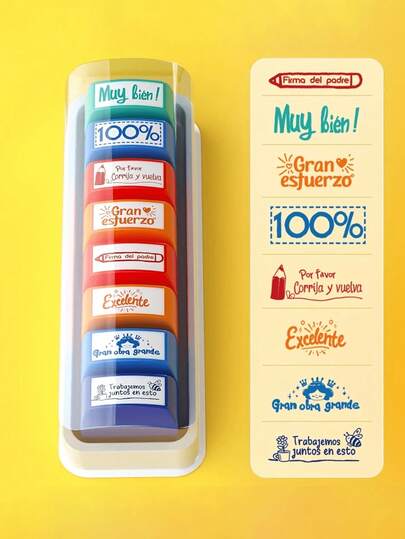 1pc 5-Pack (Spanish) Teacher Stamps Set, With Durable Plastic Box, For Classroom Grading, Homework Approval And Rewards - Square Education Stamps With Storage Tray - Back To School Halloween Decor, Back To School Living Room Decor Wall Decor, Bedroom Curtains Fall Decor,Christmas Decorations