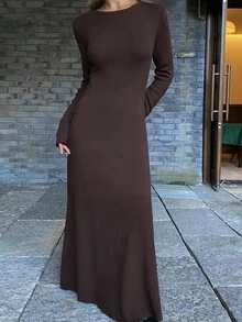 DAZY 棕色圆领修身毛衣裙，女款，秋冬 - 棕色 - 查看 1