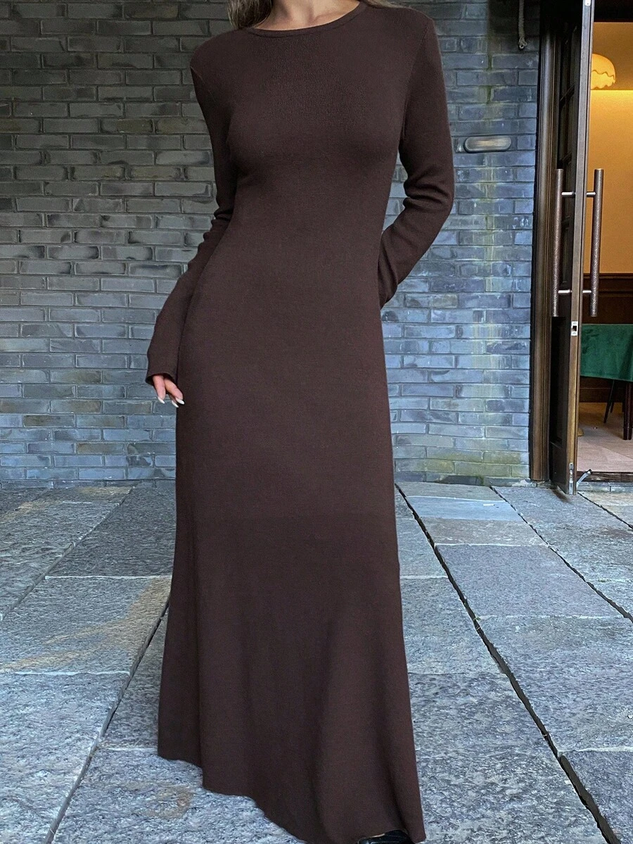 DAZY 棕色圆领修身毛衣裙，女款，秋冬 - 棕色 - 查看 1