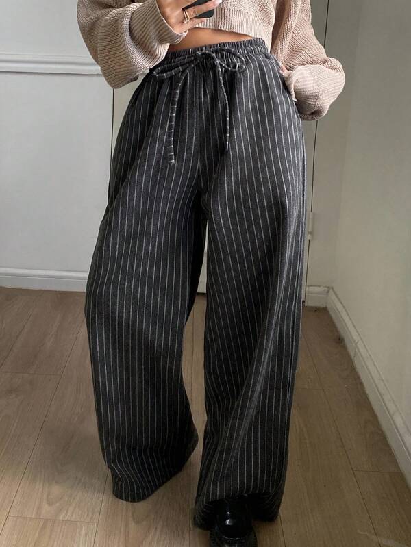 Livesso Women's Straight Leg Casual Pants With Thermal Lining, Loose Fit Business Casual Drawstring Waist Pants With Contrast Stripes, Suitable For Autumn And Winter