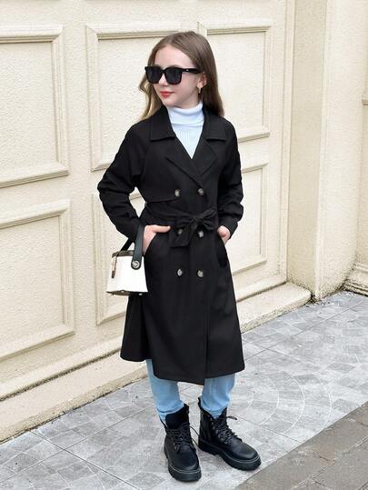 SHEIN 青少年女孩编织休闲百搭时尚纽扣领腰带蝴蝶结口袋宽松长款风衣，休闲军事风格，通勤和户外，返校，秋冬母子搭配，秋季服装，冬季服装