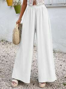 EURMUSE Calça feminina casual solta, cor sólida, cintura elástica, perna larga - Branco - Ver 3