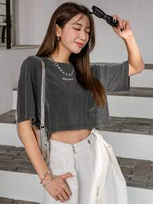 DAZY 字母图案落肩短款 T 恤 夏季 - 深灰色 - 查看 4