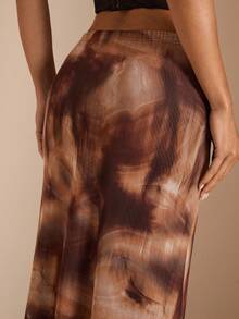 SHEIN BAE 女士中腰棕色扎染印花网眼裙，适合婚礼、万圣节、夜间外出、活动、节日，优雅女士裙，棕色裙子 - 棕色 - 查看 3