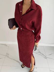 Siren Gaze Women's Solid Color Drop Shoulder Long Sleeve Shirt And Side Slit Hem A-Line Skirt Casual 2 Pieces Set Christmas Winter New Year Red - Red - View 4