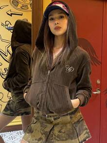 DAZY 女士休闲字母刺绣卫衣，秋季外套连帽衫 - 棕色 - 查看 6