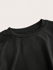 SHEIN EZwear 2 件女士休闲圆领长袖紧身长款 T 恤套装，百搭百搭，不同面料，适合秋冬季 - 黑色 - 查看 3