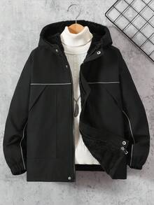 Vacaura Chaqueta con capucha con cremallera, forro térmico y rayas reflectantes para niño preadolescente, cálida y cómoda para actividades al aire libre, otoño/invierno - Negro - Ver 3