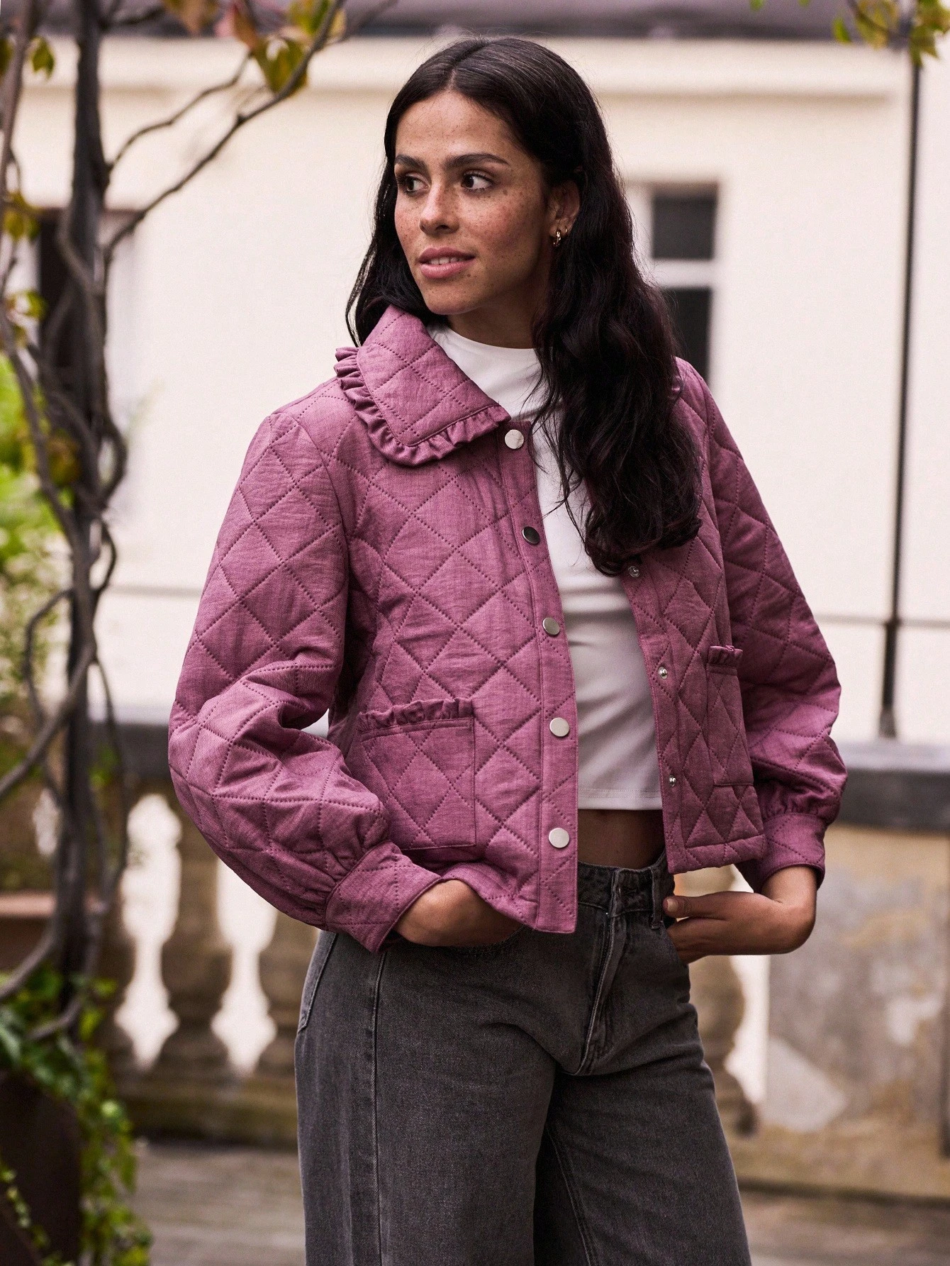 Jaqueta Acolchoada Rosa Empoeirado de Outono com Colarinho Pregueado e Botões na Frente, Roupas Femininas de Outono, Jaqueta Roxa de Outono e Inverno para Mulheres