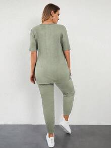 EURMUSE 大码夏季休闲纯色短袖T恤和裤子两件套 - 薄荷綠 - 查看 2