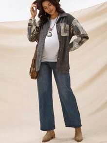 Boho Mama Pregnant Women's Striped Drop Shoulder Long Sleeve Single-Breasted Pocket Casual Regular Jacket Boho  Winter Clothes For Women - Grey - View 5