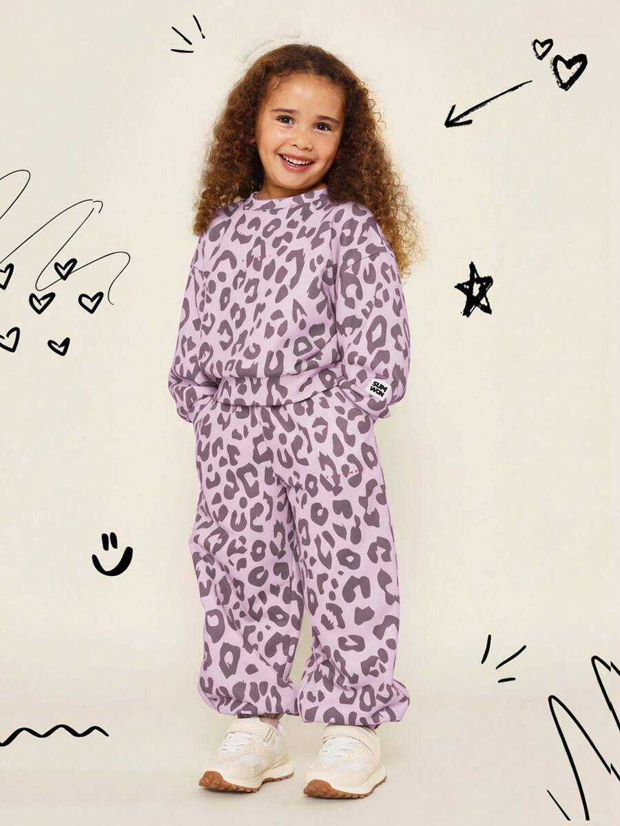 SUMWON Ensemble coordonné imprimé animal pour filles, Sweat-shirt-shirt col rond à motif léopard, jogging, tenue deux pièces, porter décontracté en hiver et automne
