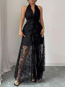 Elenzga Vestido de fiesta elegante, romántico y sexy de encaje para mujer de talla grande, con escote en V, cintura ceñida, fluido, vestido largo de gasa, adecuado para primavera, otoño e invierno - Negro - Ver 8