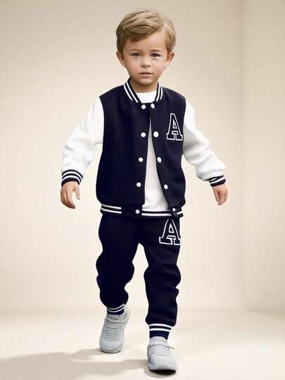 SHEIN Explorewe Young Boy's 2 Pieces Outfit - Black Knit Top With White Sleeve Panels & Letter A Graphic Print, Paired With Matching Graphic Print Sweatpants, Ribbed Collar, Cuffs And Hem, Relaxed Fit, Suitable For Spring/Fall Casual Wear, School, Sports, Travel, Holidays Winter