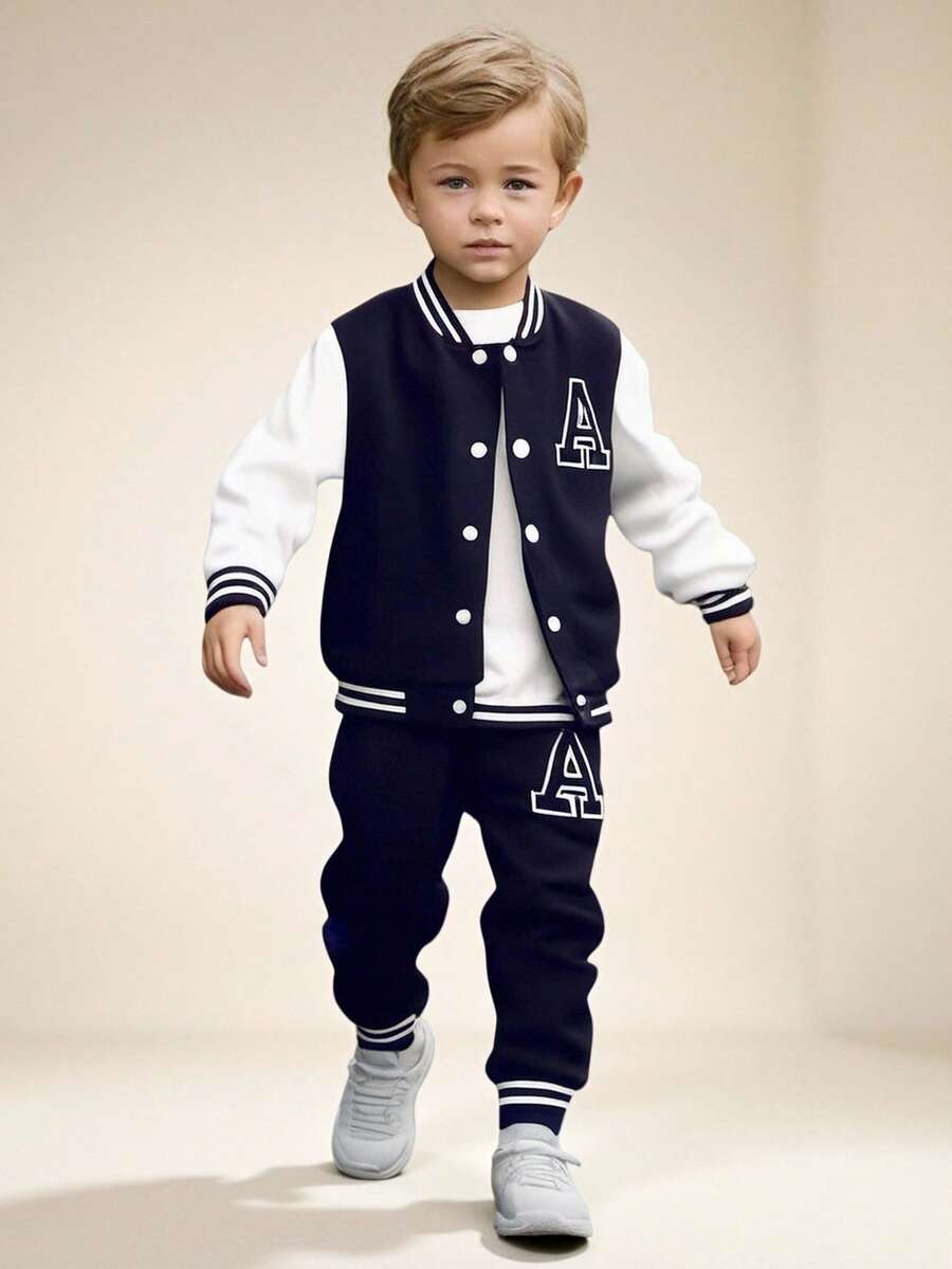 SHEIN Explorewe Bộ trang phục 2 món cho bé trai - Áo len đen có tay áo màu trắng và họa tiết chữ A, kết hợp với quần nỉ họa tiết phù hợp, cổ áo, tay áo và gấu áo có gân, dáng rộng rãi, phù hợp mặc thường ngày vào mùa xuân/thu, đi học, thể thao, du lịch, ngày lễ - Màu xanh hải quân - Xem 1