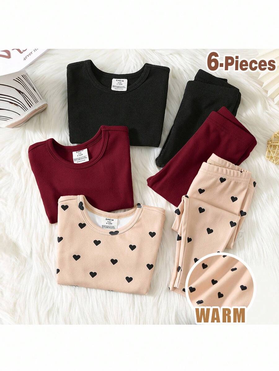 SHEIN 6-częściowy, dziewczęcy, śliczny, dopasowany, swobodny zestaw, zawiera czarny, bordowy i beżowy, jednolity kolor, bluzkę z długim rękawem i wzorem w kształcie serca oraz pasujące długie spodnie, wygodny i przytulny na jesień/zimę - Burgund - Zobacz 1