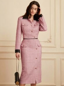 BELROSIE 2pcs/Set Pakaian Kerja Wanita dengan Kerah, Manset, dan Pinggang Motif Tweed Patchwork, Gaya Elegan - MultiWarna - View 4