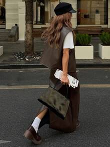 DAZY Women's Autumn Collared Sleeveless Top And Loose Fit Skirt 2 Pieces Set Y2k School Lounge Sets For Women - Coffee Brown - View 6