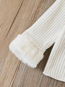 SHEIN 2 件套休闲百搭可爱长袖人造毛皮拼布上衣和裤子套装，适合春季、秋季、冬季和日常穿着 - 米色 - 查看 5