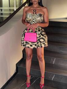 Slaydiva Women's Two Pieces Set,Beige,Autumn,70s,Night Out,Party,Leopard Zebra Print Glossy Knitted Crop Top & Brown Plush Mini Body-Hugging Skirt - Multicolor - View 5
