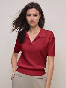 SHEIN BIZwear 春夏新款绿色 Polo 领菱形针织设计女士长袖套头毛衣，时尚优雅，适合都市通勤、日常穿着，浪漫的 90 年代复古风，也适合圣诞节、新年、情人节、派对、海滩、毕业典礼、时尚、节日、假日、婚礼宾客、早午餐、机场等多种场合。 - 紅色 - 查看 6