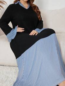 SHEIN Lacomfia Váy len dài thường ngày họa tiết sọc chắp vá cỡ lớn thanh lịch, thiết kế thời trang cho công sở, trường học, mặc hàng ngày, xuân/thu - Nhiều màu - Xem 3